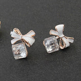 Blue Kiss Chic Shimmer Gold Plated Bow Cubic Crystal Stud Earrings For Women