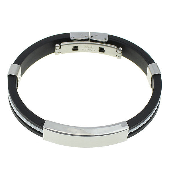 Fashion Punk Bracelet Stainless Steel Cuff Bangle Silver Hand Chain Black Silicon Wristband